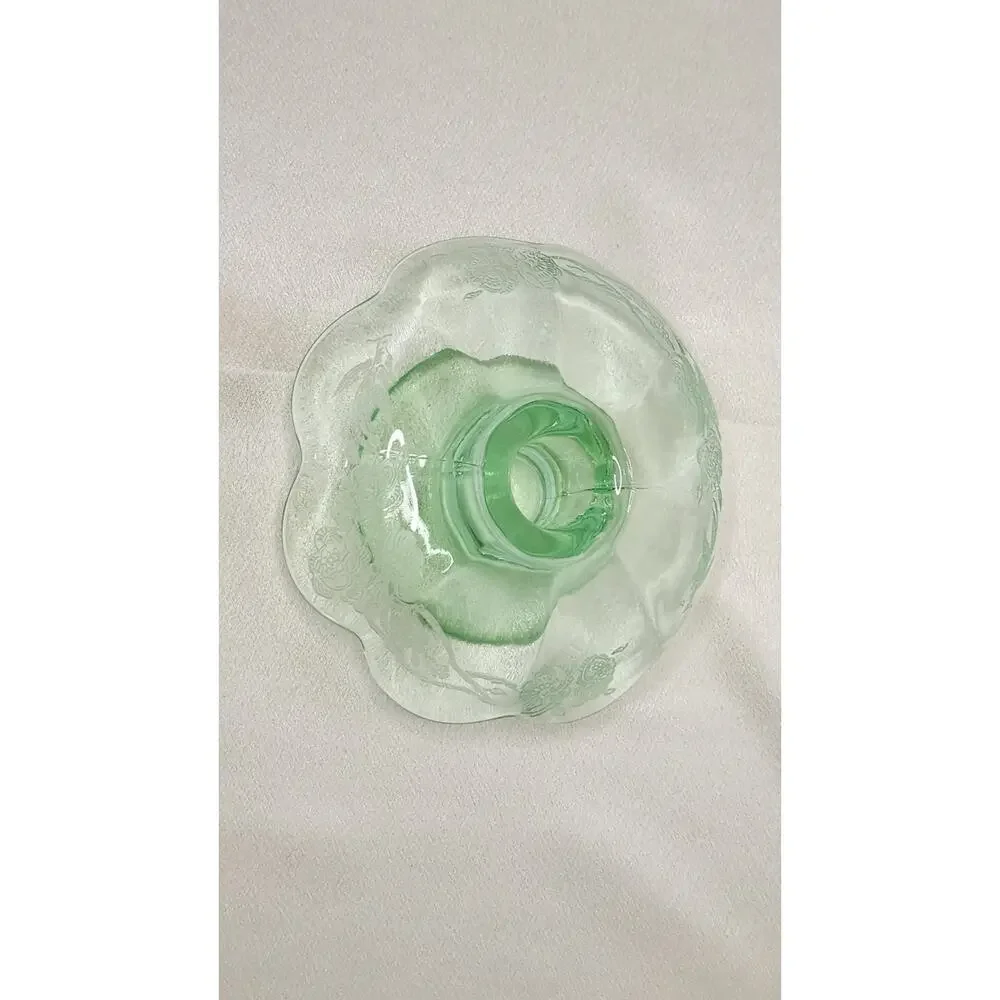 Vintage Paden City Peacock Wild Rose Green Glass Mushroom Candlestick READ